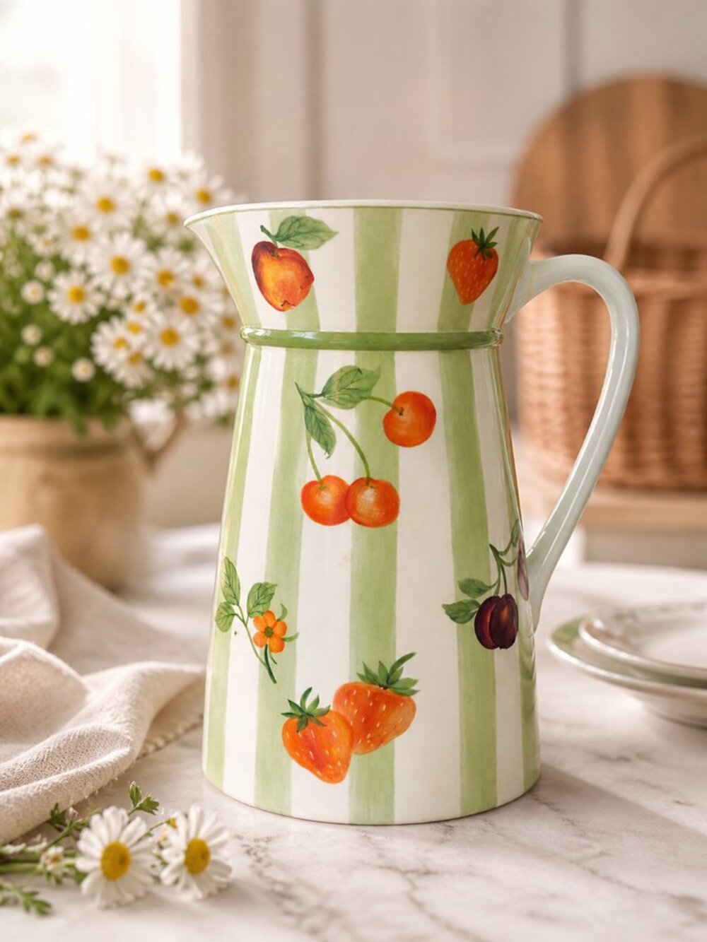 Sadek Large Hand-Painted Fruit Pitcher Strawberry Cherry Cottage Farmhouse NWOT - Picture 2 of 8